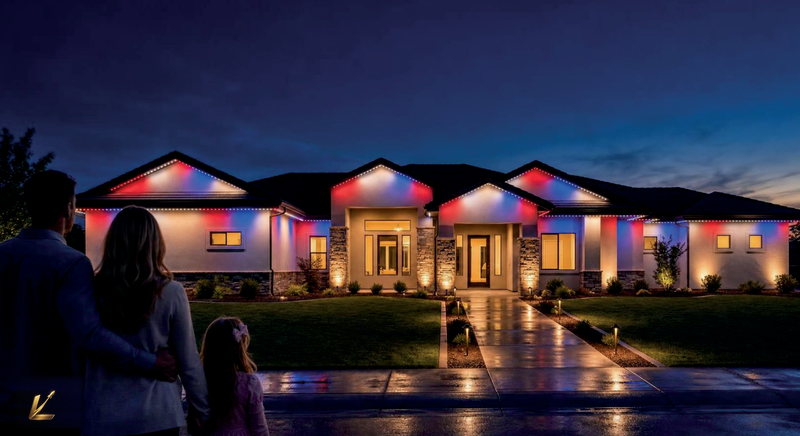 A desert home with its permanent lights running red, white and blue.